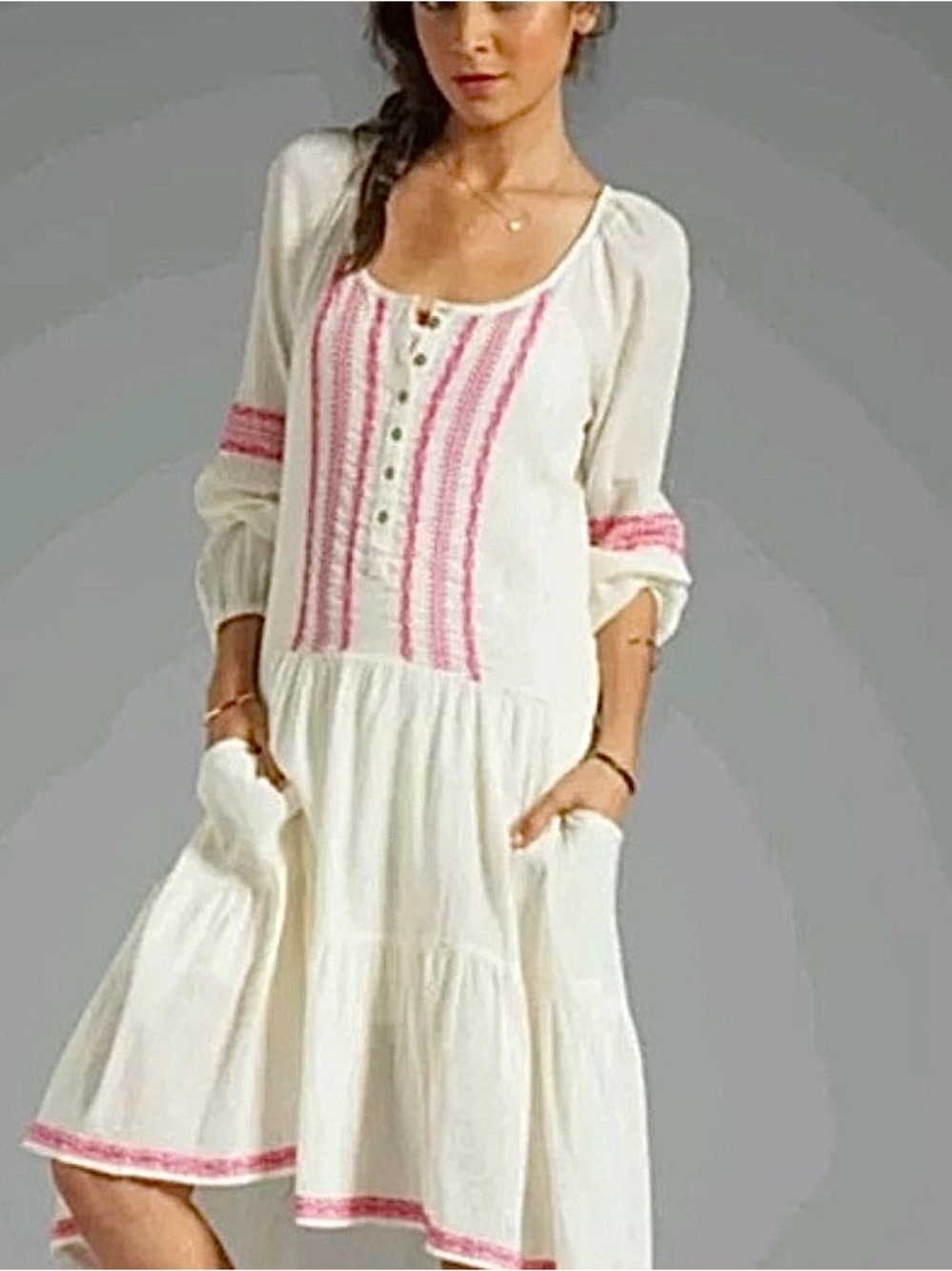 Free People Cream Midi Dress with Pink Embroidery